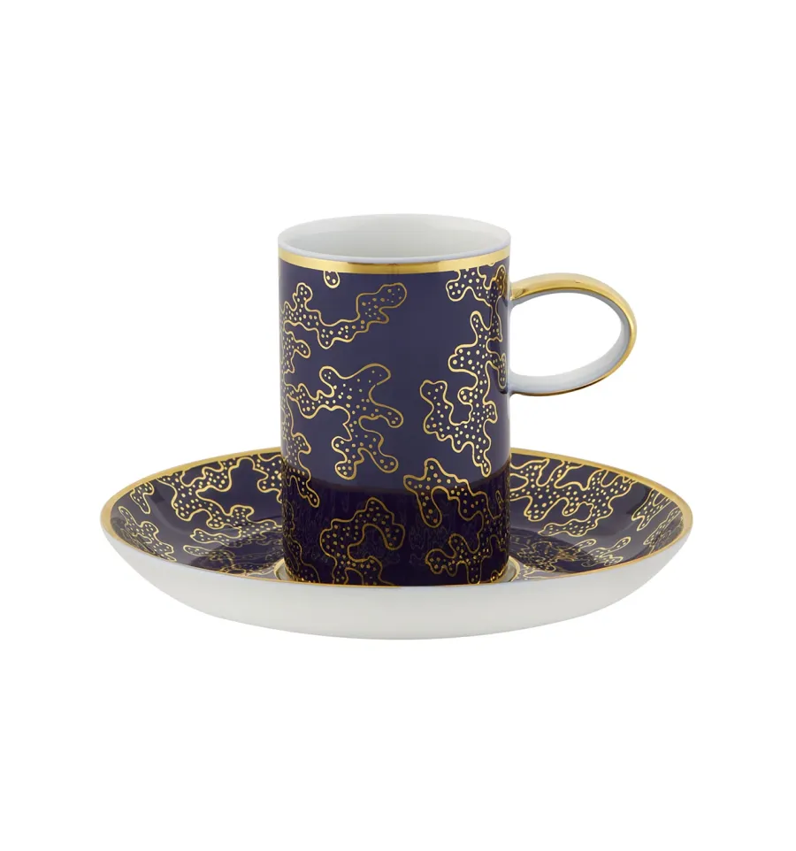 obrazek 1 Granatowa porcelanowa filiżanka na kawę z podstawką Caillouté ze złotym motywem - Vista Alegre
