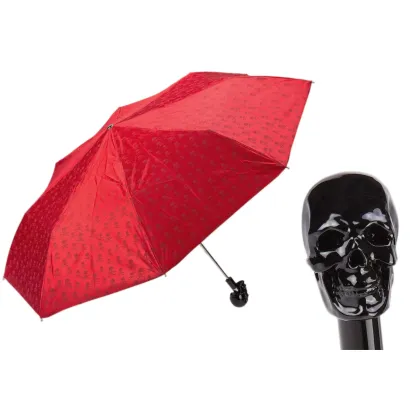Zdjęcie Wyjątkowy czerwony parasol damski zdobiony wzorem czaszek z rączką w kształcie czarnej czaszki – Pasotti