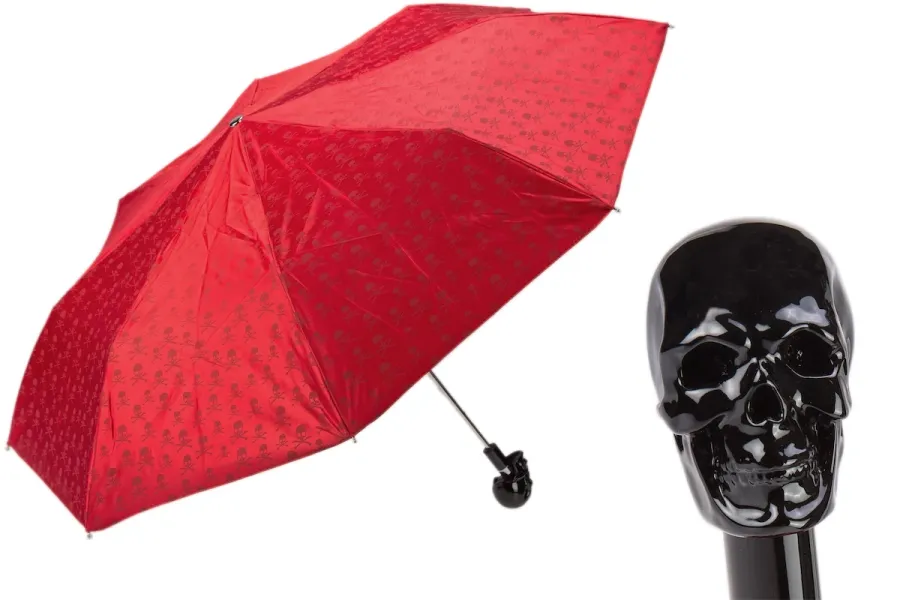 obrazek 1 Wyjątkowy czerwony parasol damski zdobiony wzorem czaszek z rączką w kształcie czarnej czaszki – Pasotti
