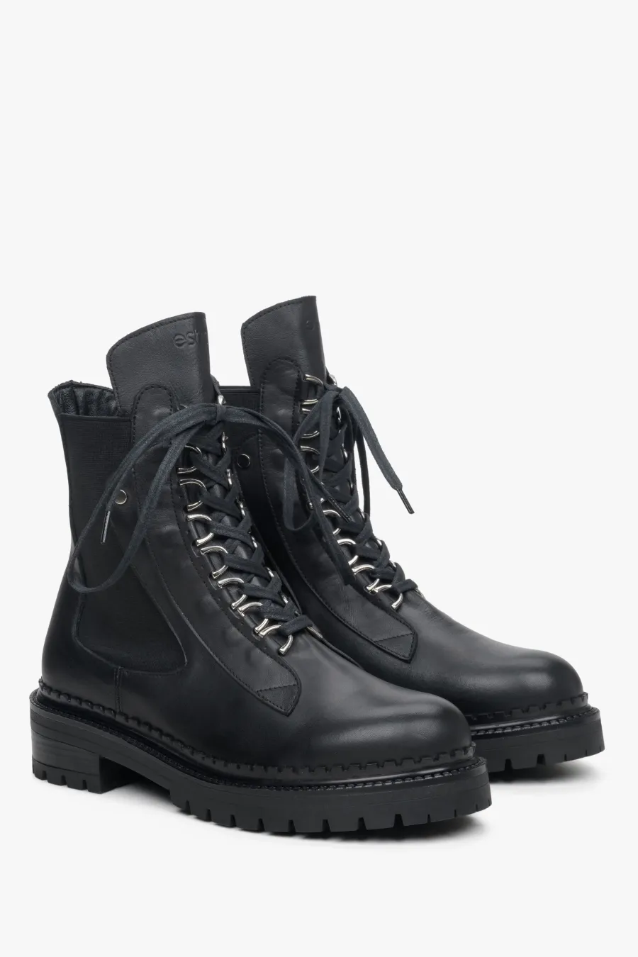 obrazek 1 Estro: Czarne sznurowane botki damskie ze skóry naturalnej i tekstyliów