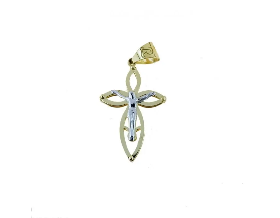 obrazek 1 Elegancki krzyż płytowy podwójny z Chrystusem o wymiarach 20x15mm.