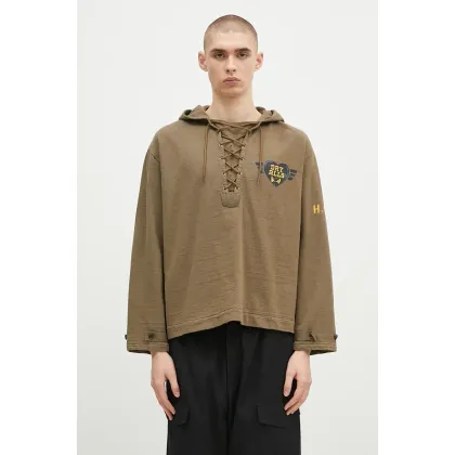 Zdjęcie Human Made bluza bawełniana Lace-Up Hooded Pullover męska kolor zielony z kapturem z nadrukiem HM28CS007