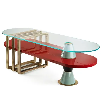 Zdjęcie Owalny stolik kawowy z lakierowaną drewnianą półką H.50xL.150xP.50 cm