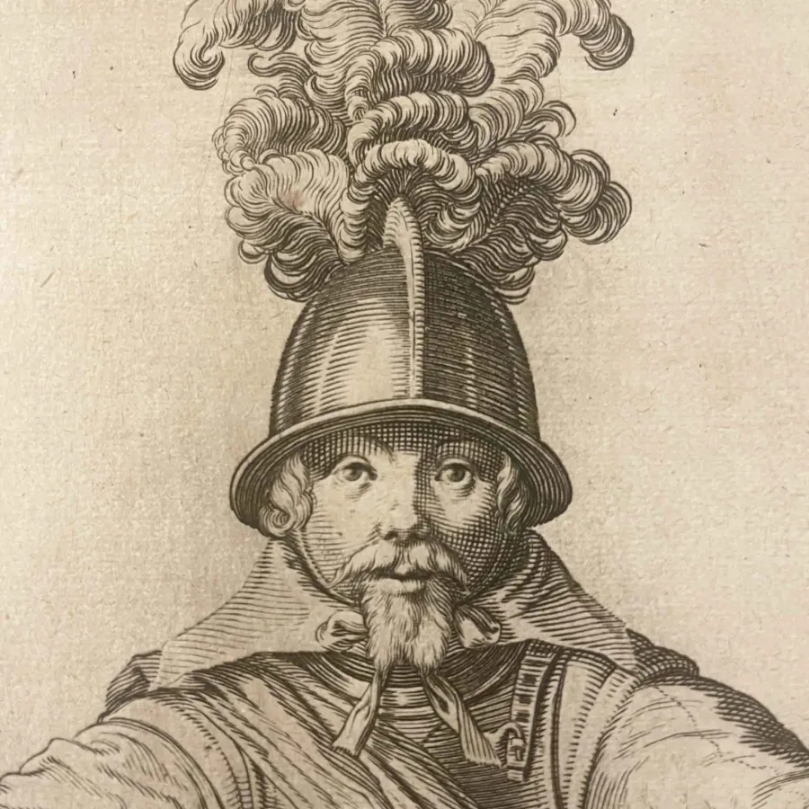 obrazek 2 Antyczny wydruk Człowiek w zbroi z halabardą z XVII wieku