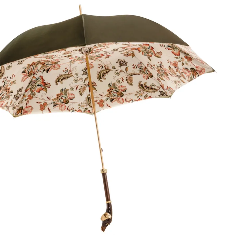 obrazek 6 Piękny parasol damski w kolorze khaki zdobiony kwiatowym motywem z rączką z głową jamnika - Pasotti