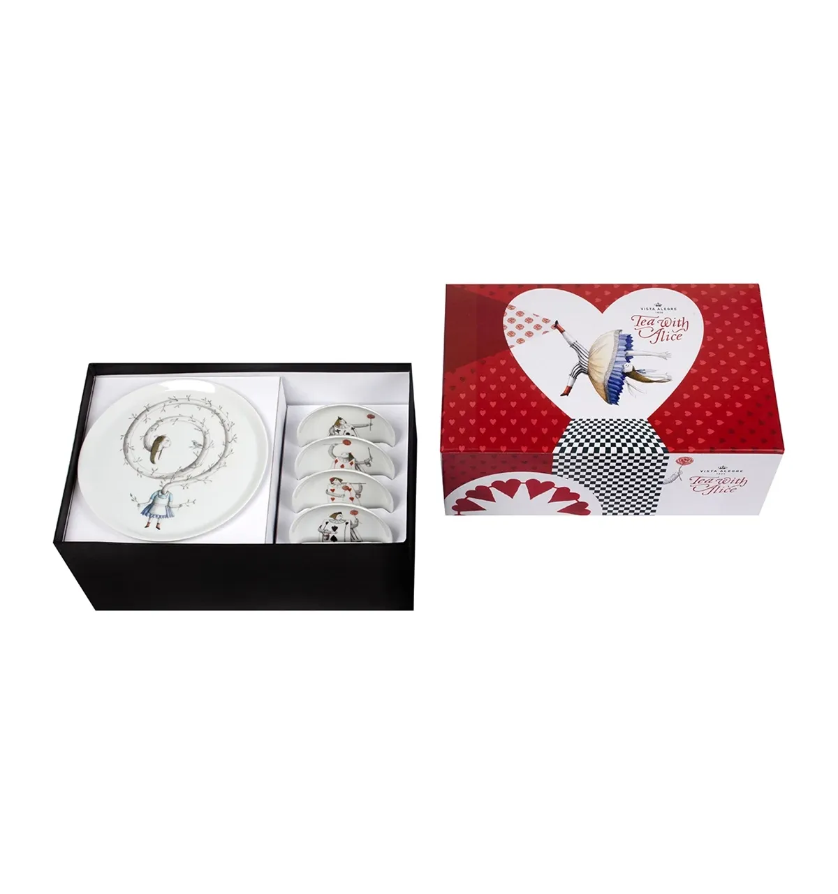 Porcelain set of cake stand and 4 plates from the Tea with Alice