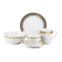 Zdjęcie Nowoczesny 5-elementowy zestaw śniadaniowy z porcelany ze złotym zdobieniem – wariant B – Leander
