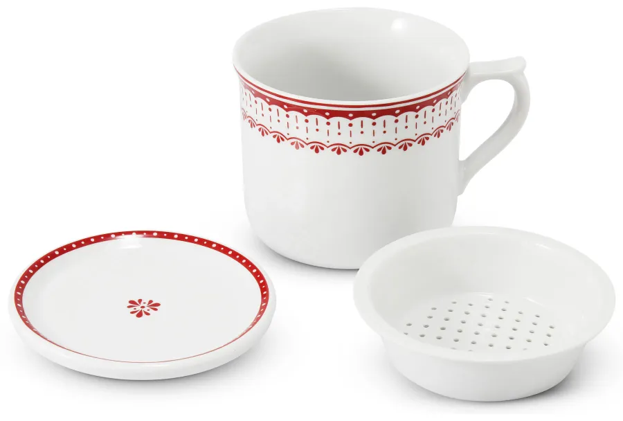 obrazek 2 Luksusowy kubek z pokrywką i sitkiem z porcelany zdobiony delikatnym czerwonym ornamentem - Leander