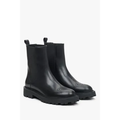 Zdjęcie Estro: Czarne sztyblety damskie z włoskiej skóry naturalnej z ozdobną perforacją