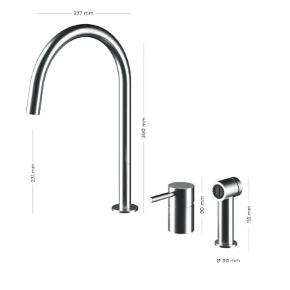 Zdjęcie Piękna bateria dwuotworowa z bocznym spryskiwaczem ze stali nierdzewnej oraz matowym wykończeniem