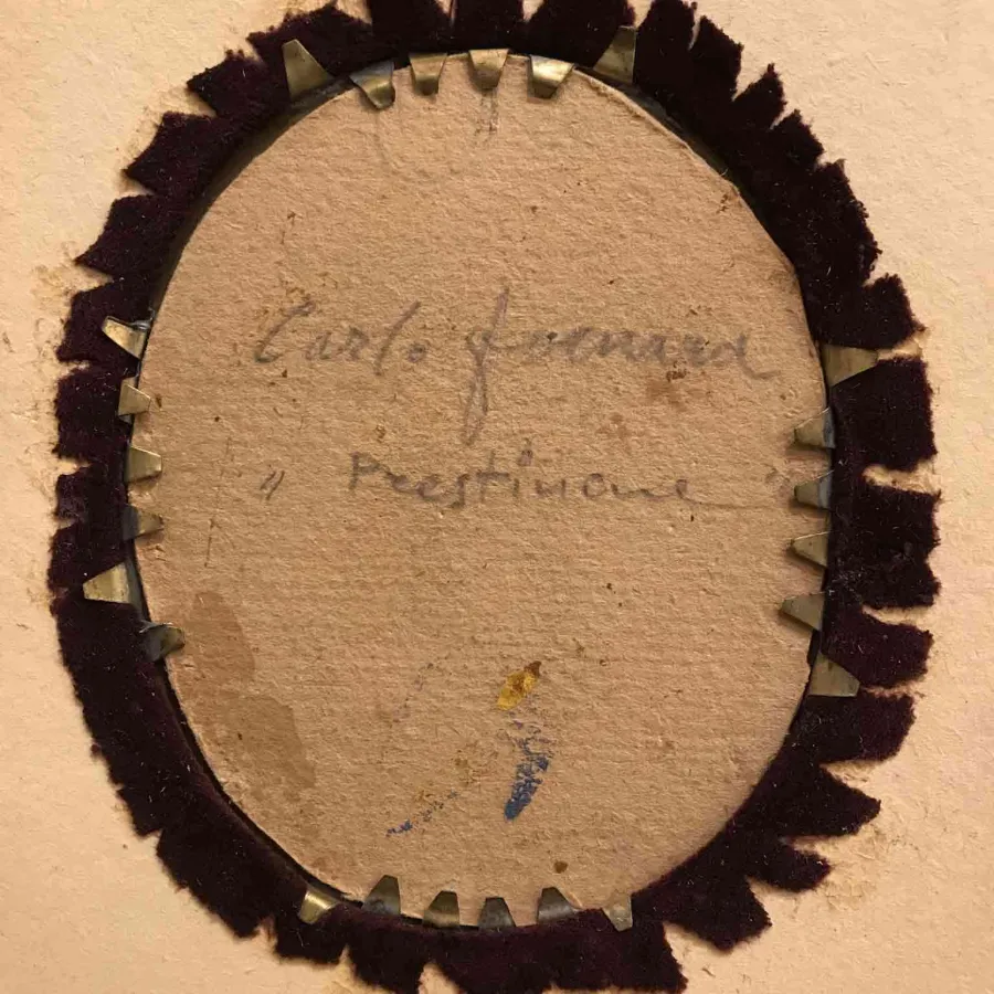 obrazek 3 Obraz olejny na owalnej tekturze przedstawiający kościół z dzwonnicą w Prestinone w Val Vigezzo