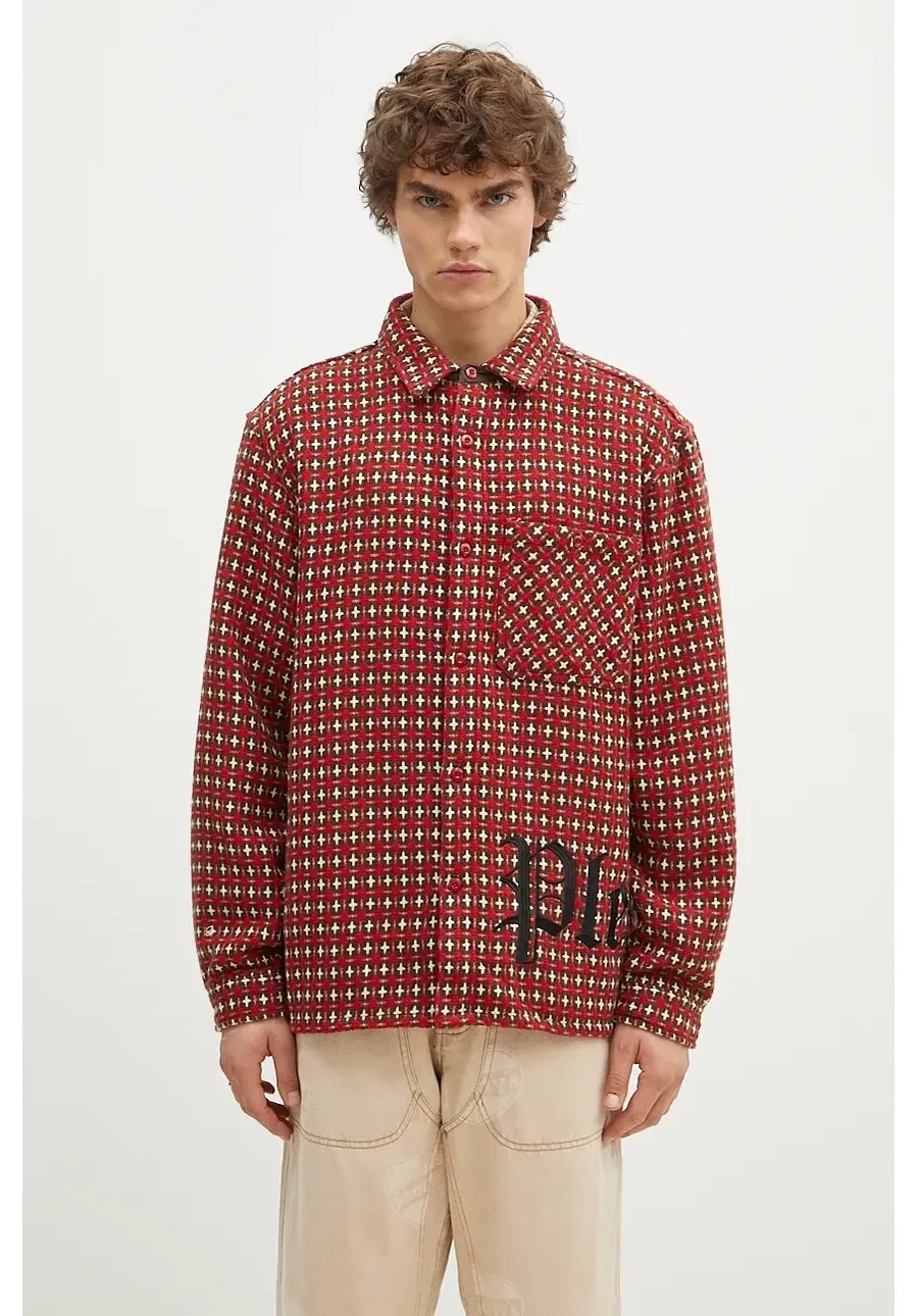 obrazek 1 PLEASURES koszula z domieszką wełny Cross Work Shirt kolor czerwony regular z kołnierzykiem klasycznym P24F036