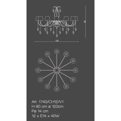 Zdjęcie Stylowy żyrandol z 12 światłami z błyszczącego mosiądzu z oszlifowanymi kryształowymi diamentami i kloszami z jedwabiu - Il Paralume Marina