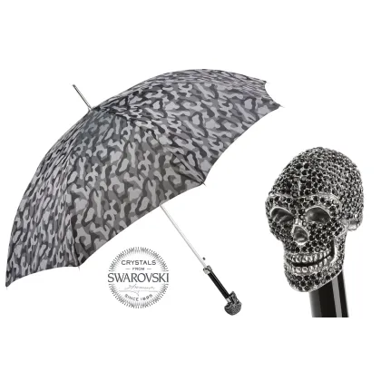 Picture Stylish men's umbrella decorated with a gray camouflage pattern with a skull-shaped handle - Pasotti