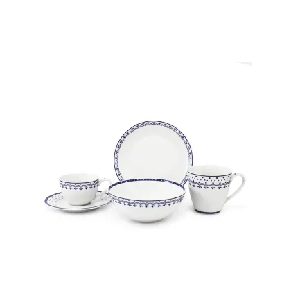 Zdjęcie Stylowy 5-elementowy zestaw śniadaniowy z porcelany w kolorze niebieskim zdobiony subtelnym motywem – wariant 1 – Leander