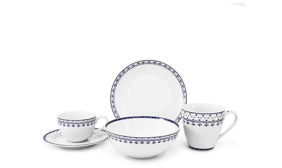 obrazek 1 Stylowy 5-elementowy zestaw śniadaniowy z porcelany w kolorze niebieskim zdobiony subtelnym motywem – wariant 1 – Leander