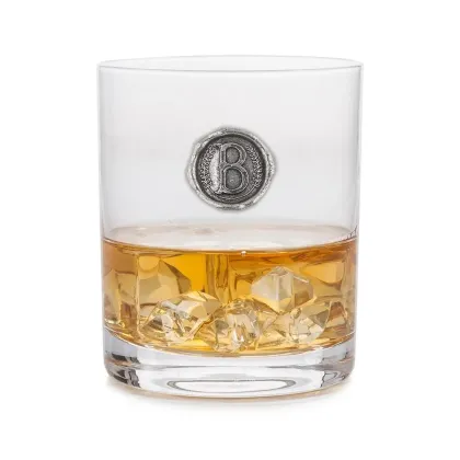 Zdjęcie Szklanka do whisky z cynowym emblematem ze stylizowaną literą „B” – luksusowy prezent