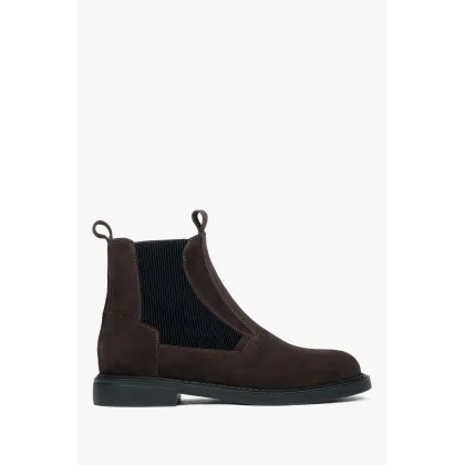 Zdjęcie Estro: Ciemnobrązowe sztyblety damskie z włoskiego weluru naturalnego z delikatnym ociepleniem