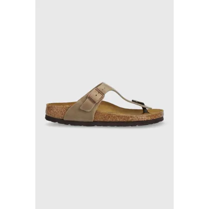 Zdjęcie Birkenstock japonki skórzane Gizeh 943813 damskie kolor brązowy na płaskim obcasie