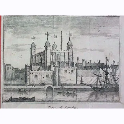 Zdjęcie XIX-wieczna rycina, stara grafika przedstawiająca Tower of London z łodziami na Tamizie