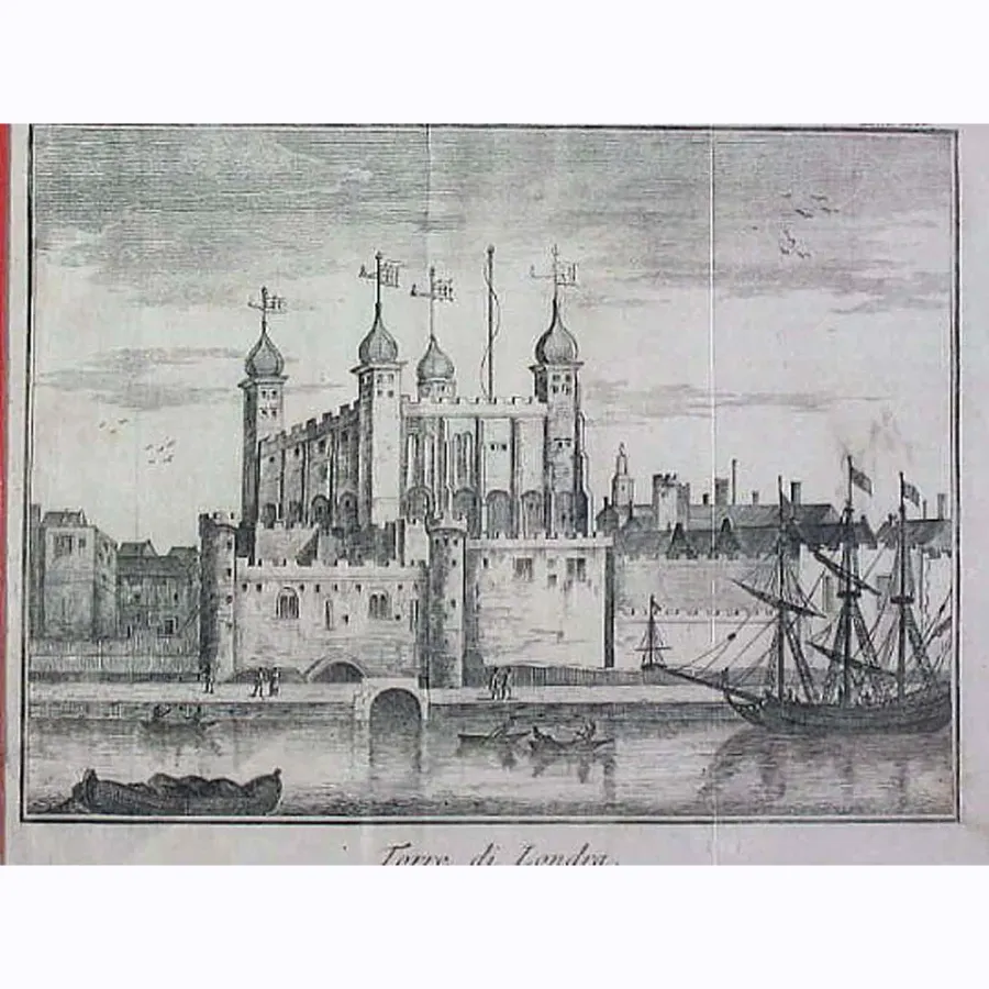 obrazek 1 XIX-wieczna rycina, stara grafika przedstawiająca Tower of London z łodziami na Tamizie