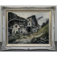 Picture A tasteful painting of an Alpine landscape with a 20th century farmhouse