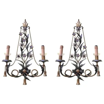 Zdjęcie Para kinkietów vintage - żelazo i kryształ