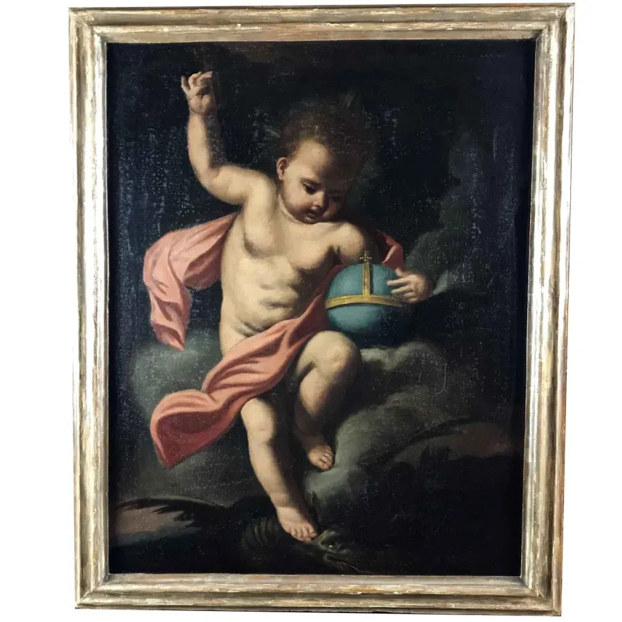 obrazek 1 Obraz olejny Salvator Mundi na płótnie z 1700 roku - Dzieciątko Jezus