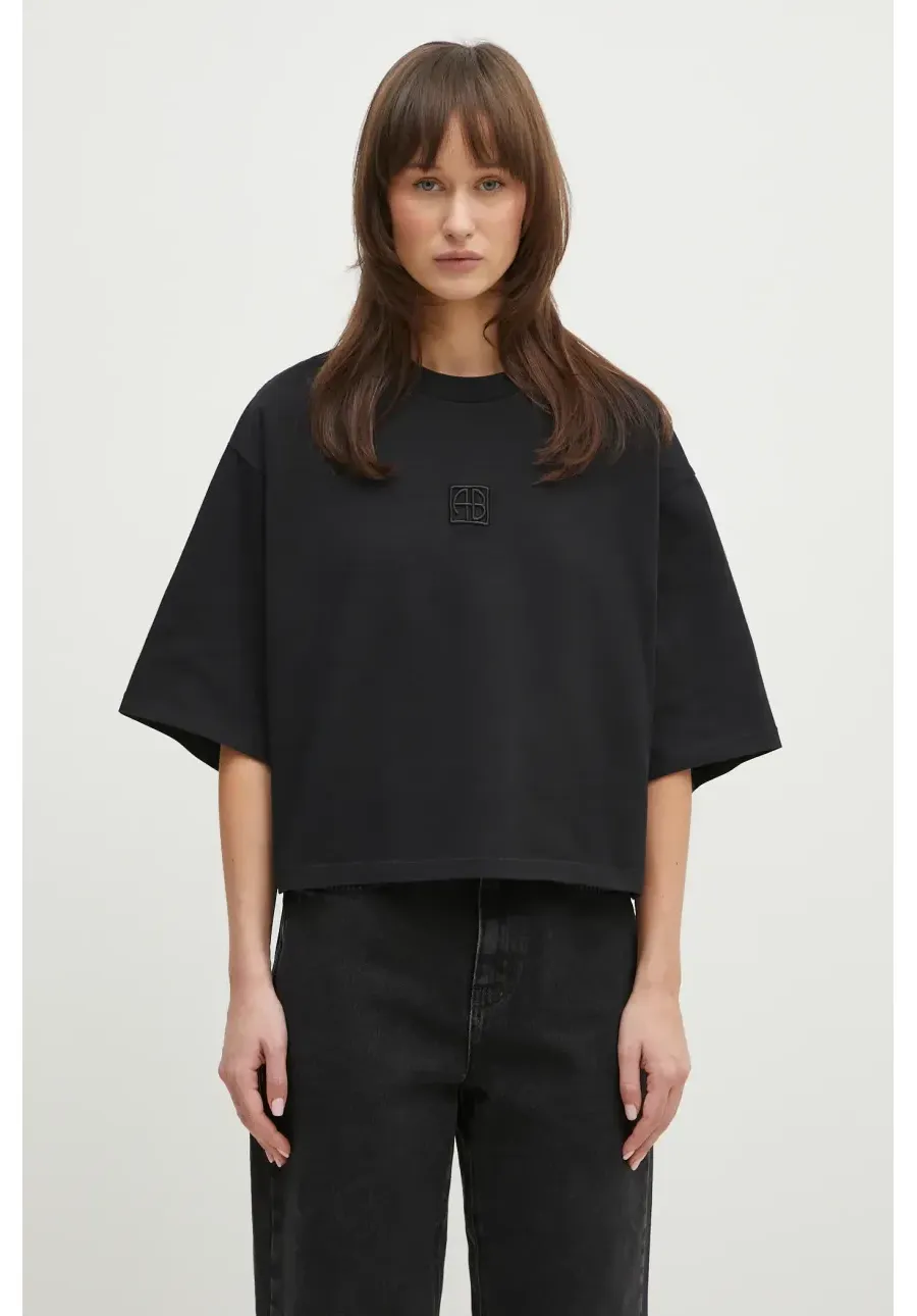 obrazek 1 Anine Bing t-shirt bawełniany Myers Cropped Tee Framed Monogram damski kolor czarny A.08.10920
