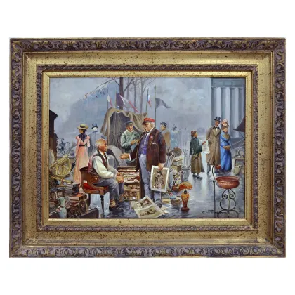 Zdjęcie Zjawiskowy obraz olejny przedstawiający pchli targ w Paryżu 50x70 cm - Elio Ferrara