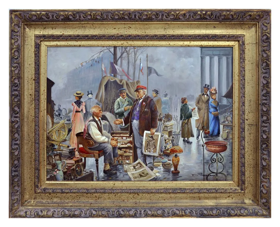 obrazek 1 Zjawiskowy obraz olejny przedstawiający pchli targ w Paryżu 50x70 cm - Elio Ferrara