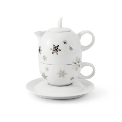 Zdjęcie Piękny porcelanowy zestaw – filiżanka z czajniczkiem zdobiony płatkami śniegu – Leander