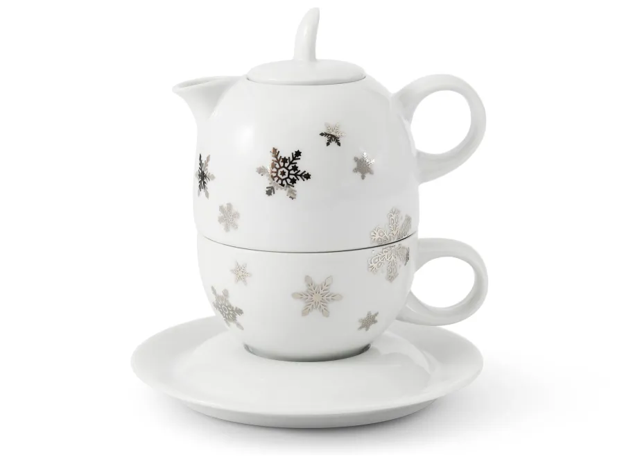 obrazek 1 Piękny porcelanowy zestaw – filiżanka z czajniczkiem zdobiony płatkami śniegu – Leander