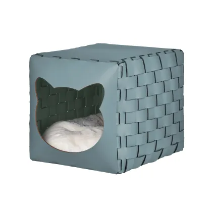 Zdjęcie Wyjątkowy jasnobłękitny skórzany domek dla kota 35x40x35 cm