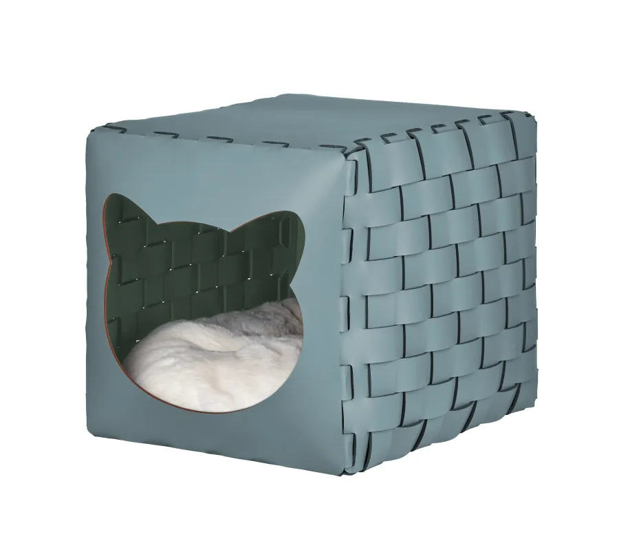 obrazek 1 Wyjątkowy jasnobłękitny skórzany domek dla kota 35x40x35 cm