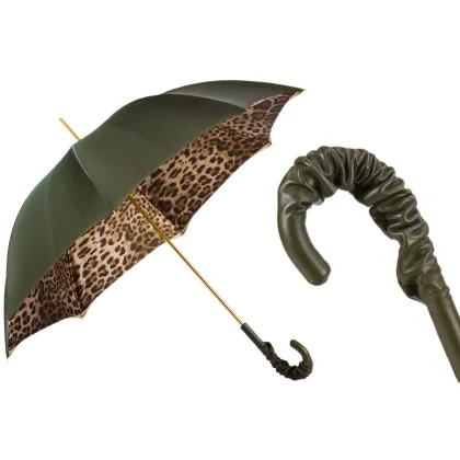 Zdjęcie Wyjątkowy ciemnooliwkowy parasol damski zdobiony wzorem skóry leoparda - Pasotti