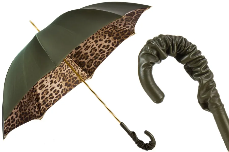 obrazek 1 Wyjątkowy ciemnooliwkowy parasol damski zdobiony wzorem skóry leoparda - Pasotti