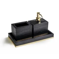 Picture Stylish three-piece bathroom set - toothbrush cup, liquid soap dispenser and bathroom tray - 3SC