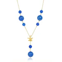 Zdjęcie Piękny włoski naszyjnik 18-karatowe pozłacane srebro Białe cyrkonie Niebieski agat