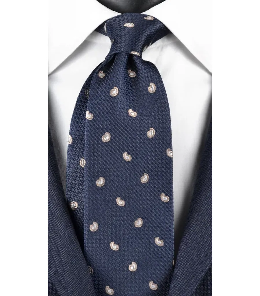 obrazek 1 Elegancki, granatowy krawat z bezowym wzorem paisley