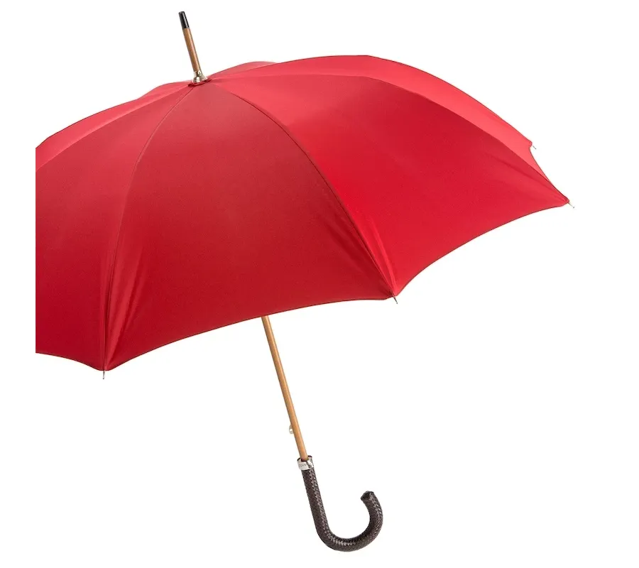 obrazek 3 Stylowy parasol męski w kolorze czerwonym z plecioną skórzaną rączką – Pasotti