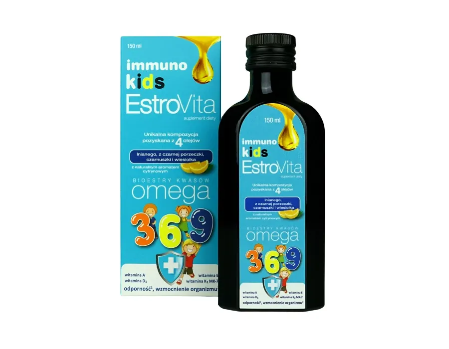 obrazek 1 EstroVita Immuno Kids, Bioestry kwasów Omega 3-6-9, Płyn o smaku cytrynowym 150 ml Estrovita