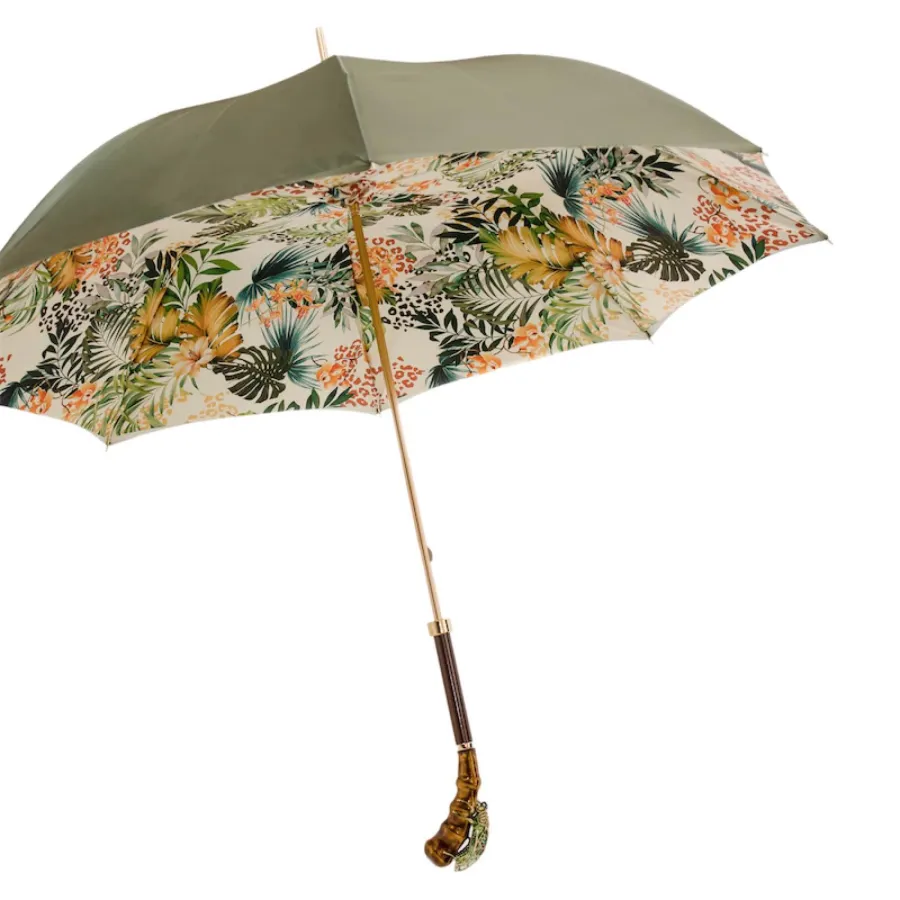 obrazek 8 Stylowy parasol damski w kolorze khaki zdobiony motywem roślinnym z rączką w kształcie konika polnego - Pasotti