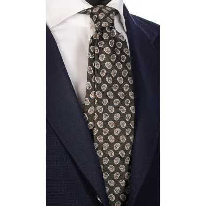 Picture Beautiful, printed khaki tie with gray paisley patterns