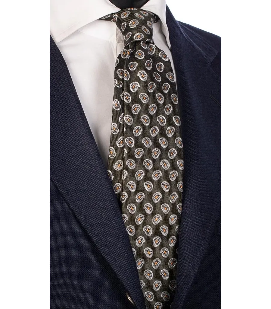 obrazek 1 Drukowany, piękny krawat w w kolorze khaki w szare wzory paisley