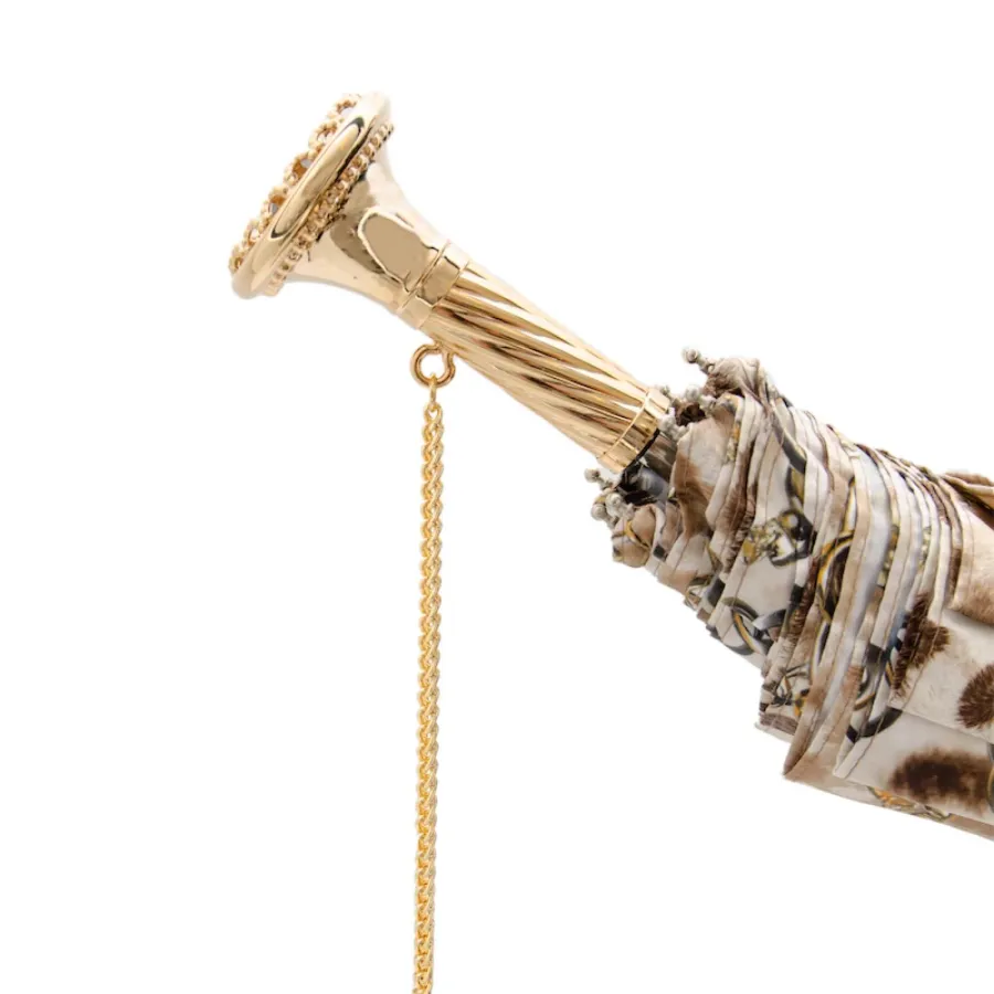 obrazek 5 Stylowy jasnobrązowy parasol damski zdobiony motywem skóry leoparda i motywem łańcuchów z rączką z klejnotem - Pasotti