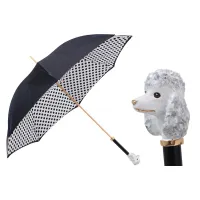 Zdjęcie Stylowy czarno biały parasol damski w czarne kropki z rączką zdobioną głową pudla - Pasotti