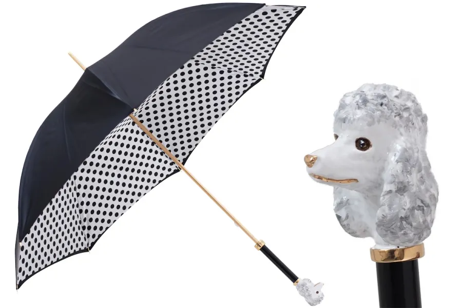 obrazek 1 Stylowy czarno biały parasol damski w czarne kropki z rączką zdobioną głową pudla - Pasotti