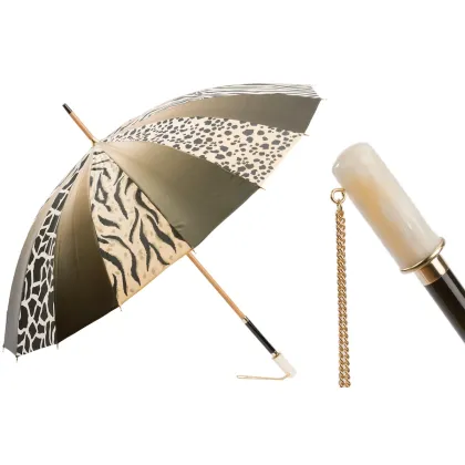 Zdjęcie Stylowy ciemnooliwkowy parasol damski zdobiony animalistycznymi wzorami – Pasotti