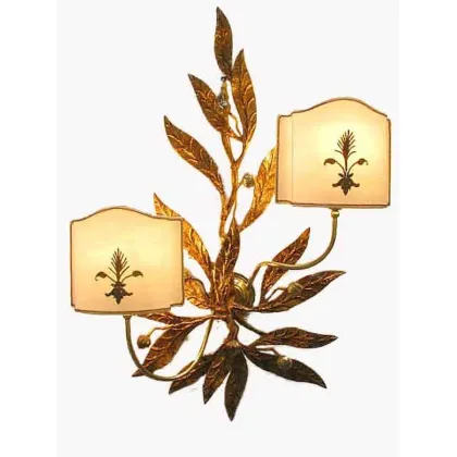 Zdjęcie Nowoczesny kinkiet - liście z kutego żelaza w kolorze złotym, z dwoma mosiężnymi ramionami